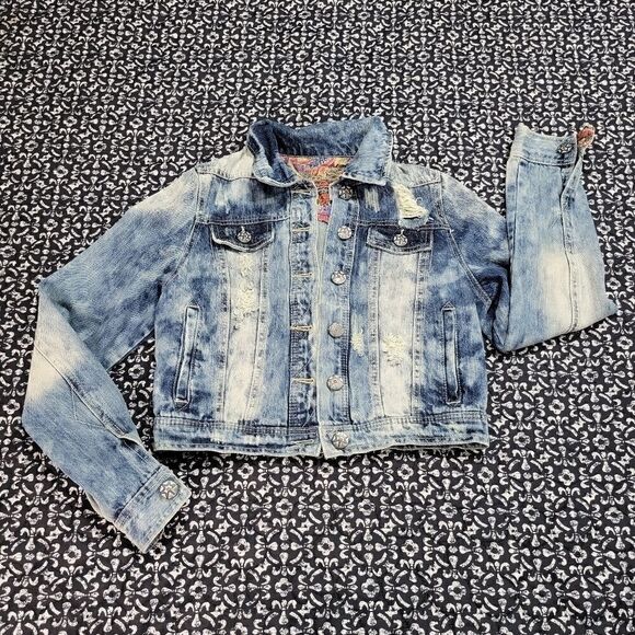 Vanilla Star Blue Acid Wash Ripped Distressed Boho Cropped Denim Jean Jacket - Picture 1 of 5